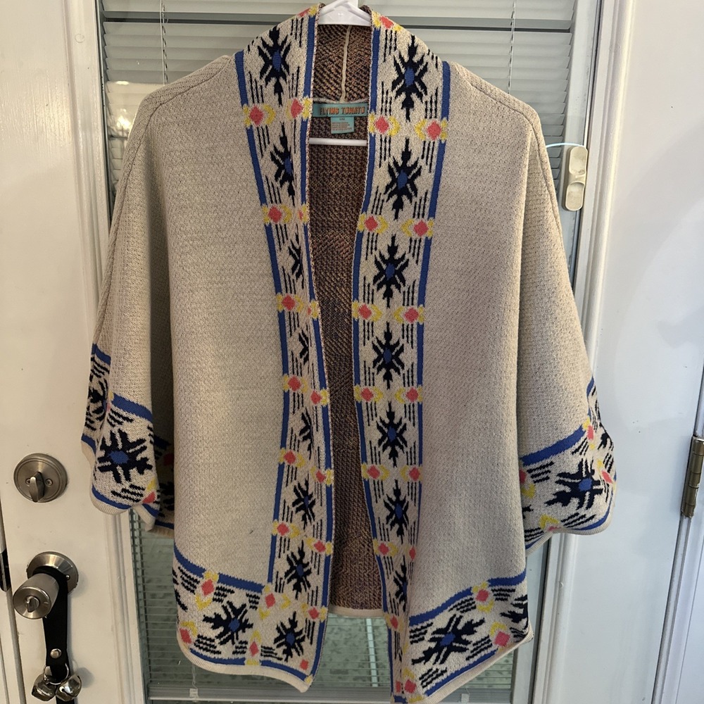 Flying Tomato Sweater Women Medium Blue Orange Aztec Open Front Design Boho